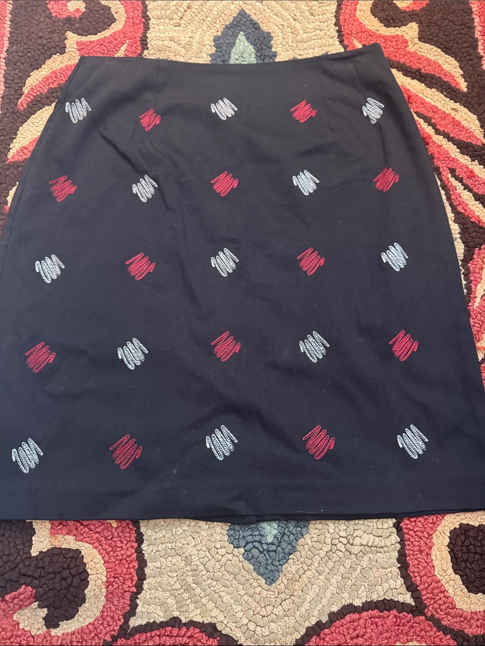 Requirements Black Pencil Skirt with Red and Light Blue Embroidery